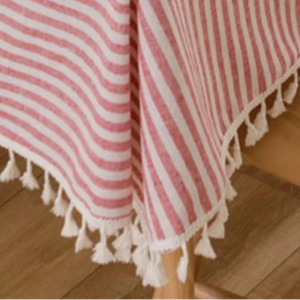 Red and White Striped Tablecloth with Tassels